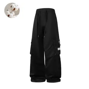 Men's Black Wide-Leg Cargo Pants with Side 3D Large Pocket Design, Elastic Drawstring Waistband, Vintage Streetwear Casual Loose Trousers