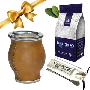 Full SET Yerba Mate Camionero Gourd - Leather Wrapped + Alpaca Straw + Straw brush + 1lb USDA Organic Yerba Mate Loose Leaf