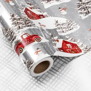 Christmas  Wrapping Paper Mini Roll for Boy , Red , Snowy Pine Forest & Grid Plaid,  Foil Reversible Design for Winter Holiday Family Gathering, 17 inches x 32.8