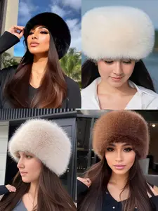 Women's Faux Fur Flat Top Hat with Folded Brim - Winter Fashion Hat for Outdoor & Casual Wear