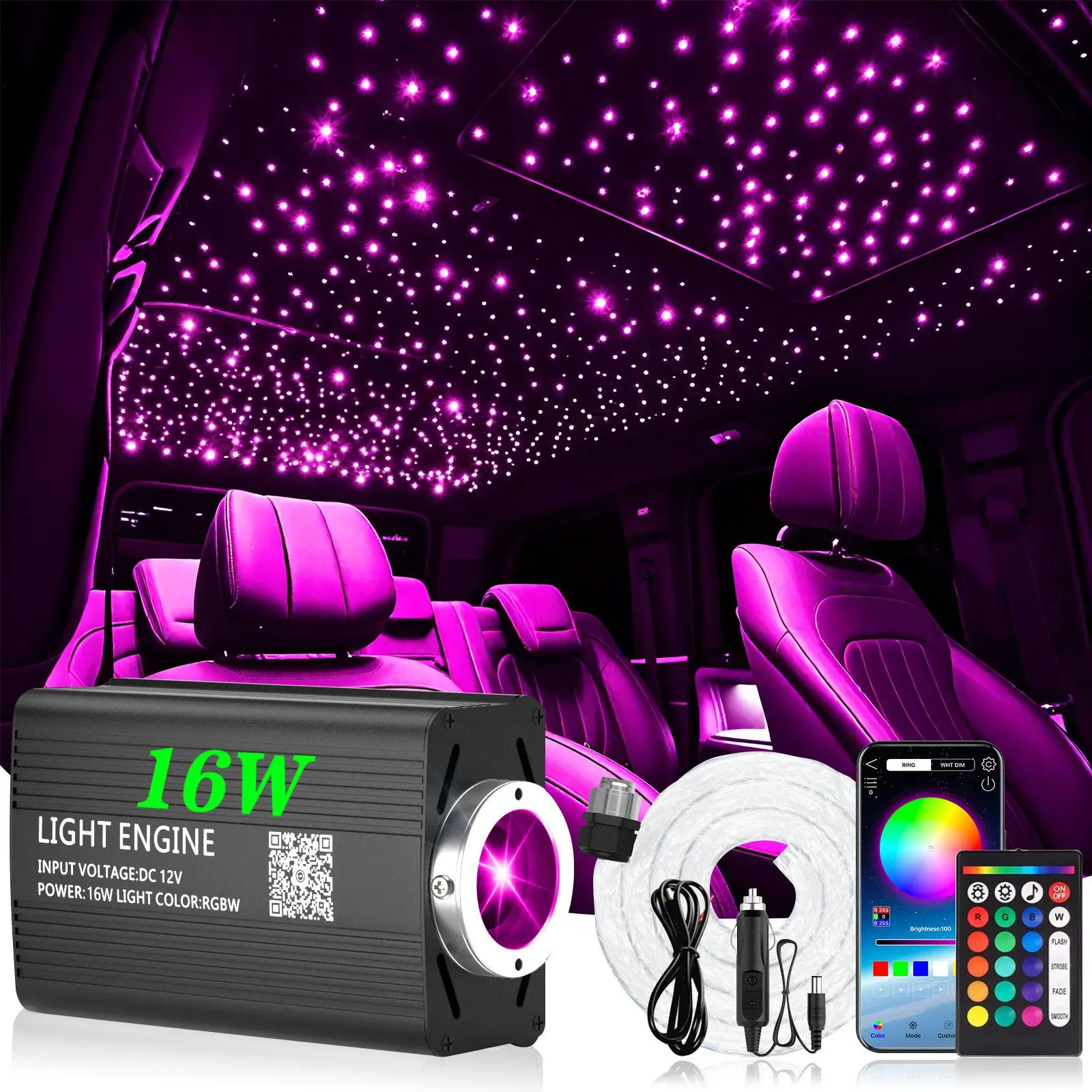 Starlight Headliner Fiber Optic LED Lights Kit - 16W, 300-1000 Pcs, 0.02/0.03in, 9.8ft Compact, Bluetooth APP/Remote Control, RGB Ambient, High-Brightness Novelty Lighting for Car Star Projector Headliner, Starlight Roof, Interior LED Vehicle Accessories