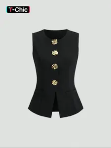 Women's Basic French Metal Button Sleeveless Thin Fit Blazer, Casual Daily Wear Jacket, Lightweight Outerwear for Spring & Fall, Garment