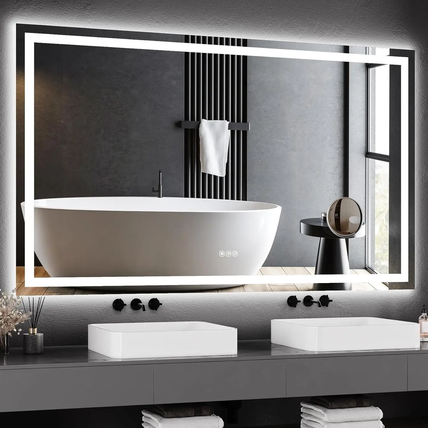 60 x 36 Inch LED Bathroom Mirror, Dimmable Front & Backlit, Anti-Fog with Memory Function 60 x 36 Inch LED Bathroom Mirror, Dimmable Front & Backlit, Anti-Fog with Memory Function
