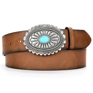 XZQTIVE Women Western Leather Belt Vintage Country Belts For Cowgirl Jeans Dresses Ladies Concho Belt With Turquoise Buckle