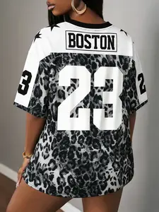 Women's Loose Leopard Print Football Sports Shirt, Sport Jersey, Number 23 and Win Logo, Fashion Street Style, Daily Wear and Game Party, Jersey Tee