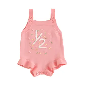 Infant Baby Girl Half Birthday Knit Romper 1/2 Cake Sprinkles Knit Suspender Bubble Onesie Bodysuit Cake Smash Outfit #Summervibes