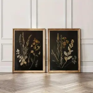 2 Pieces Dark Academia Botanical Canvas Art, Vintage Floral Black Background Wall Mural, Intellectual Serene Home Art, Classic Gallery Decor, Dark Tone Poster, Wall Decor for Living Room and Study, Framed or Unframed.