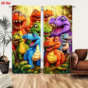 2D Flat 7 Colorful Cartoon Dinosaurs in Forest Curtain 2-Piece Set, Prehistoric Whimsical Design with Green Foliage & Golden Light, Diverse Playful Dinosaurs Window Treatment for Kids Room Decor