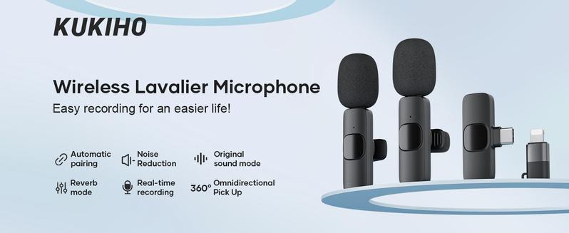 KUKIHO K9 2 Pack Wireless Lavalier Microphone for iPhone iPad and Android Phone, Lapel Mic Plug and Play Wireless Mic Noise Reduction Microphone for Video Recording Interview Podcast Vlog YouTube Tiktok