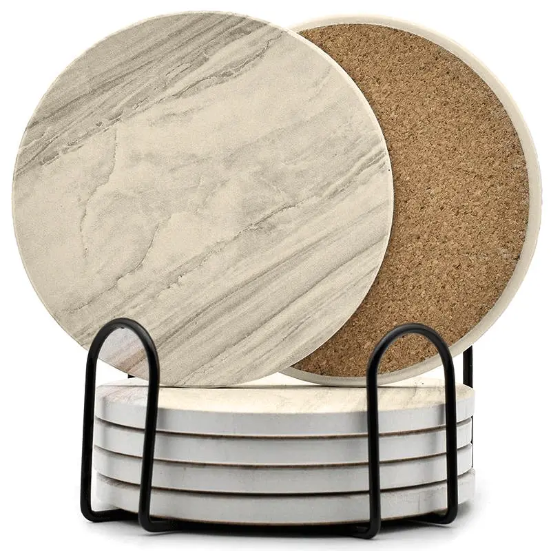 6pcs Drink Coasters with Holder, Marble Style Ceramic Coasters, Absorbent Coasters Set for Various Cups, Aesthetic Modern Design for Coffee Tables, Coasters for Mugs, Coasters for Drinks, Home Bar Accessories