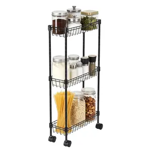 Slim Rolling Storage Cart, 3 Tier Metal Utility Cart with Wheels, Adjustable Shelving Unit Basket for Kitchen Bathroom Laundry Room Living Room & Narrow Corner, 15.75"X5.91"X31.5", Black