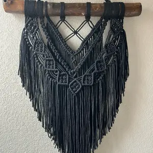 Black Macrame Wall Hanging Boho Decor 20x30 Inches Handmade Eco-Friendly 100% Cotton & Wood Natural Branch Unique Gift for Any Room or Patio