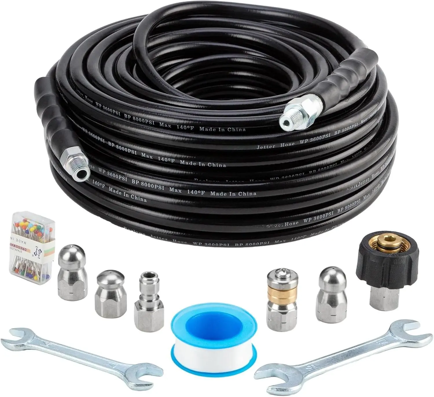 Sewer Jetter Kit 100FT for  Washer,  Washer Drain Jetter with 5800PSI Cleaner Hose 1/4 Inch NPT, Corner, Rotating & Button Nose Sewer Jetting Nozzle Spanner  Tape  Pin, Button Nose Sewer Jet Nozzle, Clean Driveways