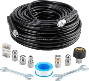Sewer Jetter Kit 100FT for  Washer,  Washer Drain Jetter with 5800PSI Cleaner Hose 1/4 Inch NPT, Corner, Rotating & Button Nose Sewer Jetting Nozzle Spanner  Tape  Pin