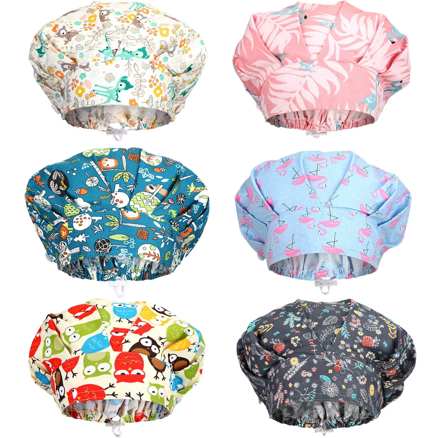 Pack of 6 Bouffant Caps with Buttons Elastic Bouffant Turban, Nursing Surgical Cap Printed Scrub Working Hats Gift for Nurses, Dental Assistants and Medical Staff