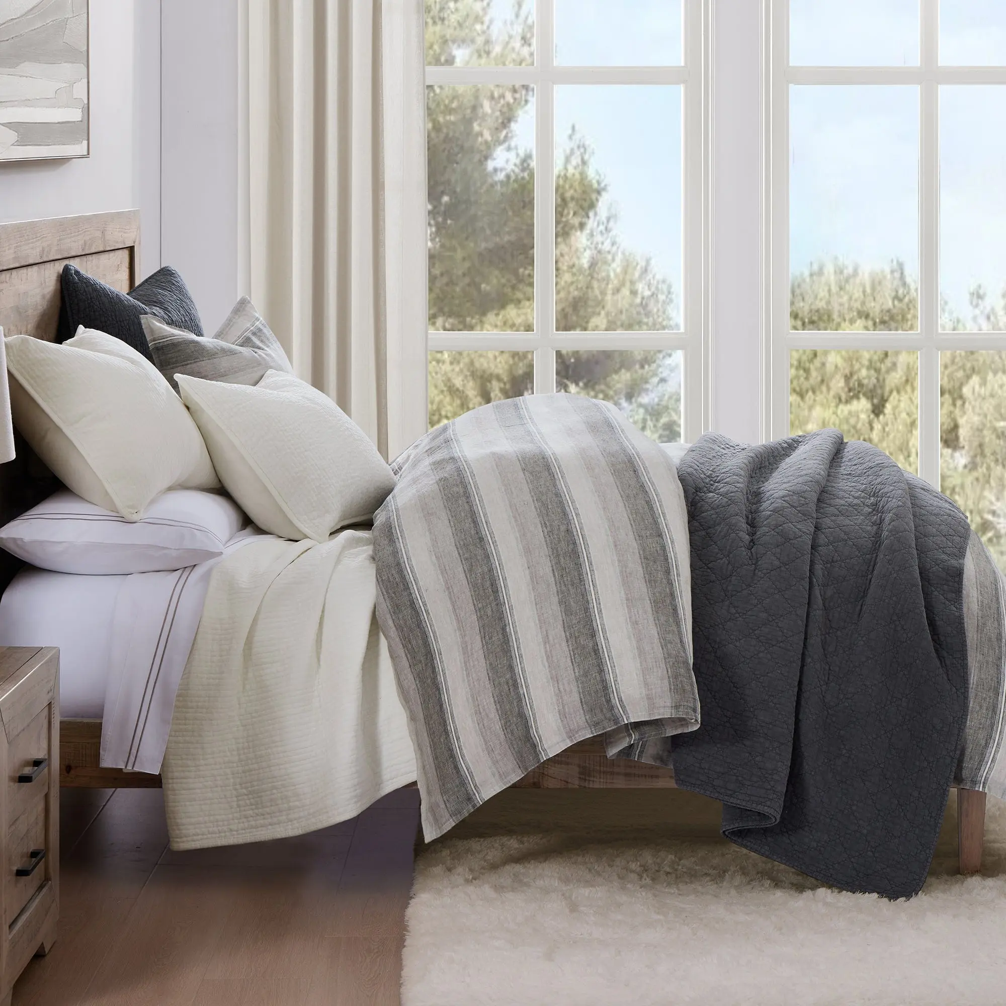 100% European Flax Linen Variegated Stripe Duvet Cover Set, Charcoal