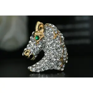 Vintage Rhinestone horse head Pin Crystal and gold