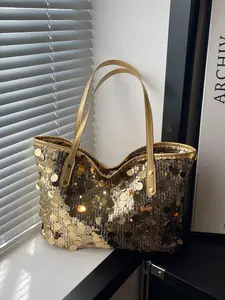 Women's Solid Color Sequin Tote Bag, Luxurious Portable Large Capacity Shoulder Bag, Perfect for Dating, Shopping, Gifts, Work, Parties