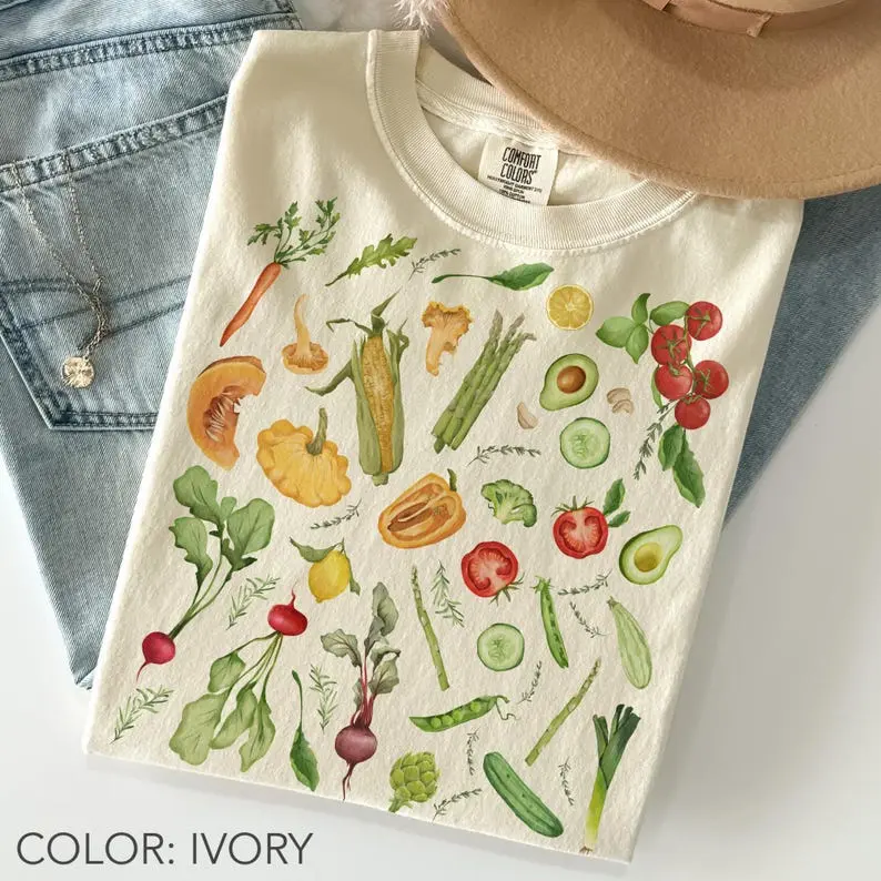 Comfort Colors Vegetable Garden T-Shirt, Cottagecore Veggie Tee, Farmers Market Shirt, Botanical Shirt, Nature Shirt, Vegan Gift, Foodie Gifts