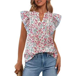 Women Dressy Casual 2025 Summer Shirts Boho Floral Notched V Neck Ruffle Cap Sleeve Tops Business Work Blouses