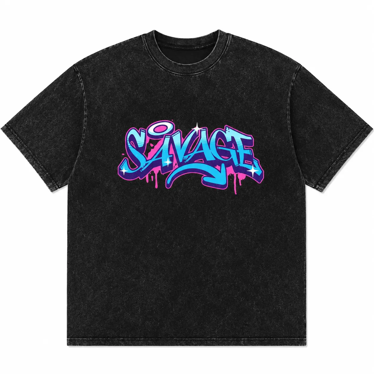 Savage Graphic T-Shirt - Washed Black Blue Pink Print - Unisex Short Sleeve Crewneck Soft Cotton Heavyweight Casual Streetwear Tee Tops - Graffiti Tag Sparkle Vintage Oversized Outfit Men Women Gifts 3541