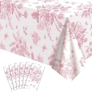 6 Pack Pink Floral Plastic Disposable Tablecloths 54 X 108Inch Pink & White Porcelain Decor for Garden Wedding Tea Party Birthday Baby Bridal Shower