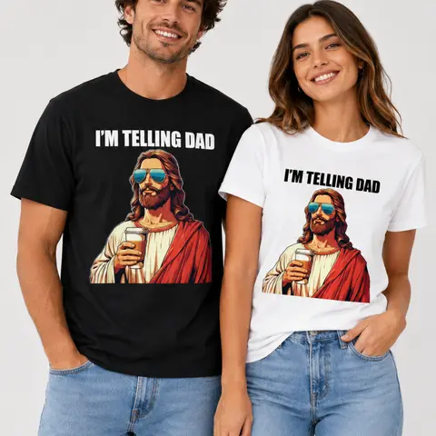 American Spirit Graphic T-Shirt - "I'm Telling Dad" Jesus Lovers Football Easter Apparel, Classic Crew Neck Short Tops, Casual Summer Fabric Tees for Party Festive Supplies