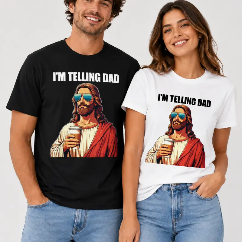 American Spirit Graphic T-Shirt - "I'm Telling Dad" Jesus Lovers Football Easter Apparel, Classic Crew Neck Short Tops, Casual Summer Fabric Tees for Party Festive Supplies