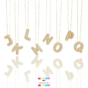 Micro Pave Gold Bubble Letter Necklace / Trendy Bubble Initial Necklace / Stainless Steel, Gold Plated Pave Letter Pendant Necklace