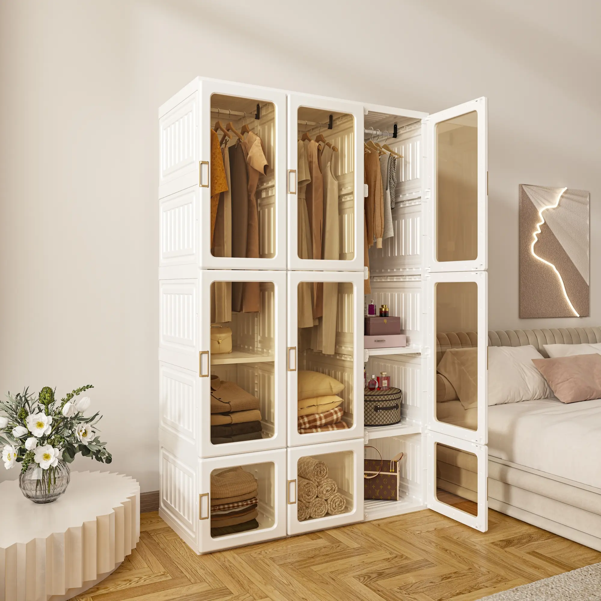 Portable Transparent Wardrobe Closet Storage Organizer for Clothes Folding Plastic Wardrobe with Magnetic Door and Easy Assembly roperos para guardar ropa armario de ropa closet bedroom armoires 3 Hanging Rod Multifunctional Space Saving Organizer