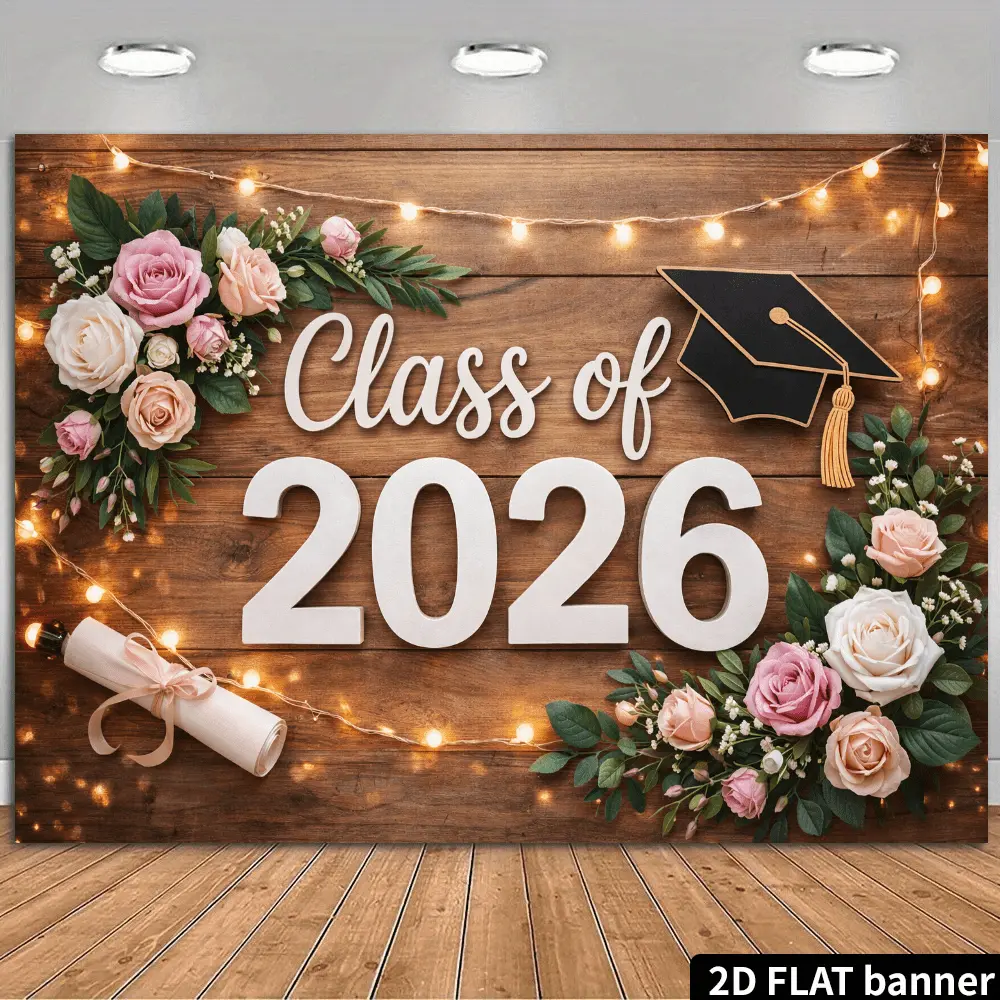 2026 Graduation Background and Wall Tapestry, Pink and White Theme with Wooden Frame and Floral String Lights, Roses, Graduation Cap and Pink Ribbon Scroll Design, Natural Warm Style, Graduation Party Decorations