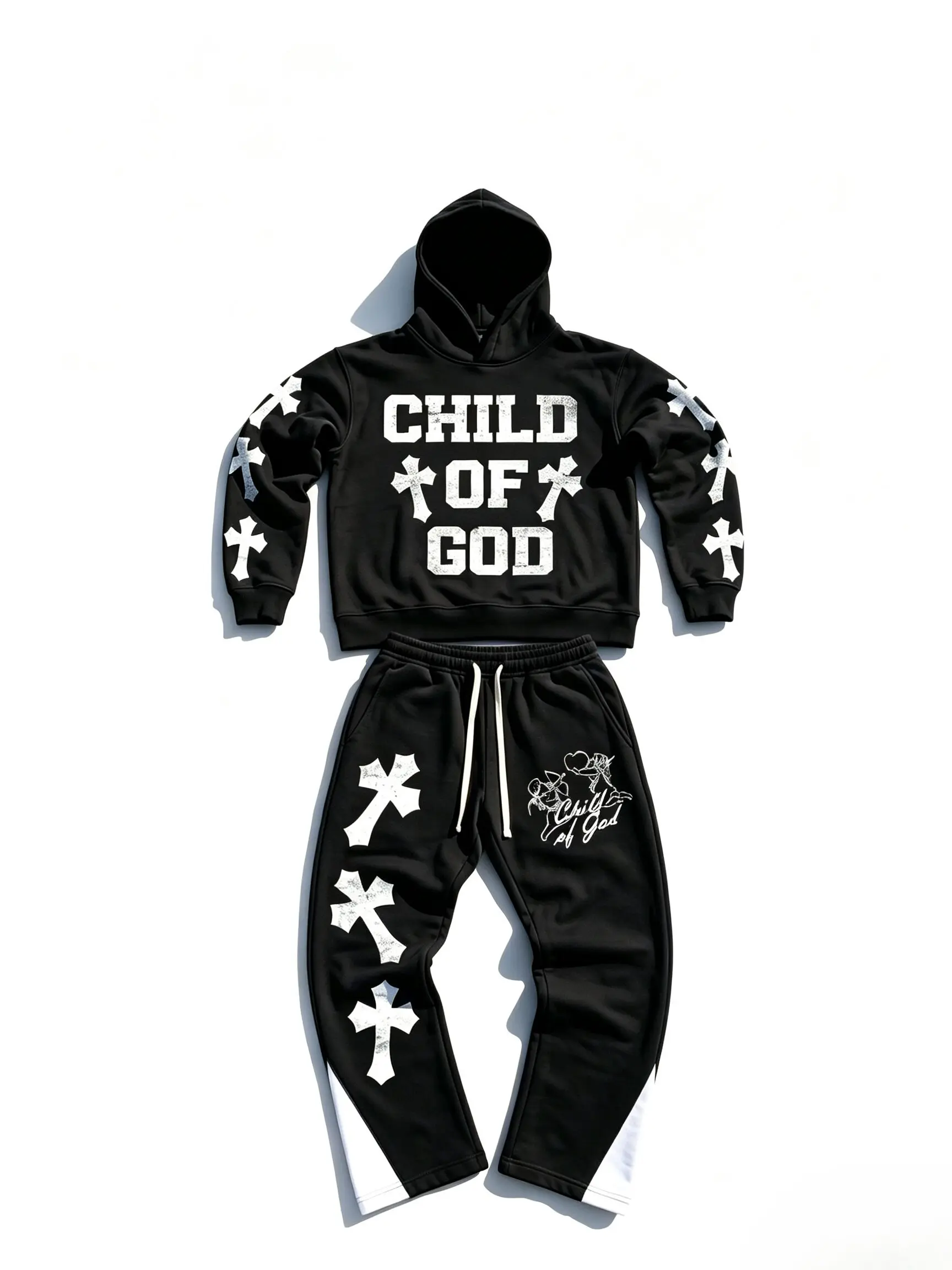 Men's 2-Piece Street Style Clothing Set - Long-Sleeve Hoodie with Cross Graphic Print, Matching Casual Sweatpants, Menswear, Matching Sweatpants, Streetwear, Sweatshirt, Stylish