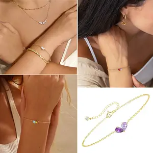 Dainty 2 Birthstone Gold Bracelet for Women, 14K Gold Plated Heart CZ Bracelet, Non Tarnish Brass Jewelry, Adjustable Bracelet Gift for Mom Daughter, Anniversary Birthday Present