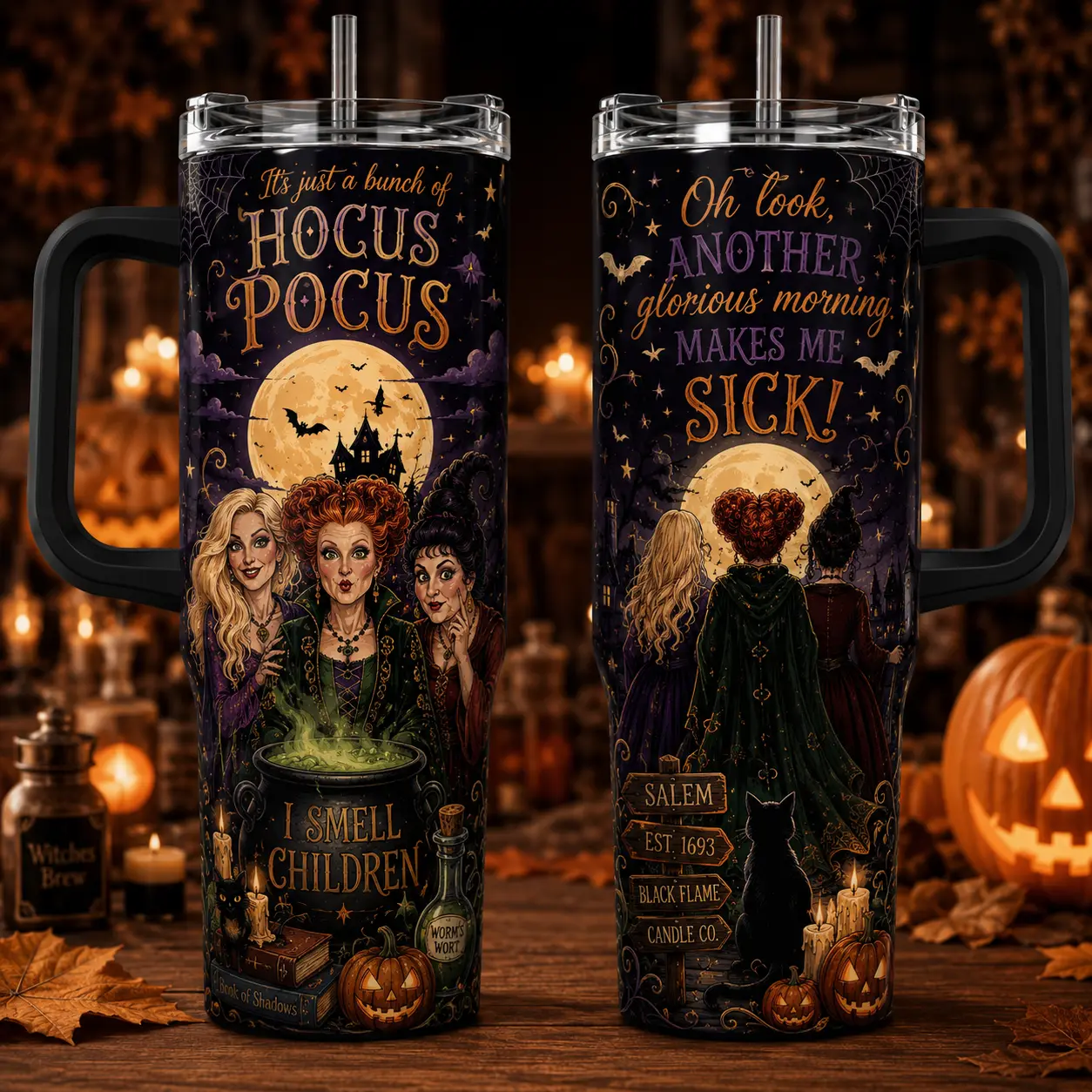 H.Pocus Halloween Tumbler 20oz 30oz 40oz, Spooky Witch Travel Mug, Gothic Fall Cup, Double Wall Insulated Stainless Steel Gift