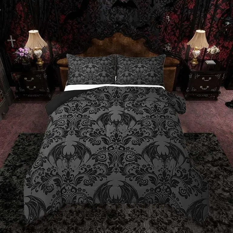 Adults Gothic Comforter Set Dark Olive Green Damask Comforter Bat Bohemia Boho Bedding Set Goth Duvet Set Vintage Victorian Baroque Floral Quilt Set Bedspread Set