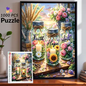 Rustic Floral Mason Jar Faith Hope Love 1000 Pieces Jigsaw Puzzle for Adult, farmhouse flower jars with warm sunlight, relaxing family game stress relief brain challenge, home wall decor gift for adults seniors 27.5x20inch(70x50cm)