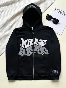 Menswear Y2K Retro Star & Letter Printed Full-Zip Hoodie, Spring-Fall Harajuku Hip Hop Loose Long-Sleeve Hooded Top with Zipper Pockets & Patches, Gothic Preppy Style Coat