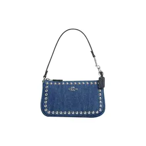 COACH Nolita 19 Embossed Logo Rhinestone Decor Denim and Pebbled Leather Crossbody Shoulder Bag for Women in Denim Blue