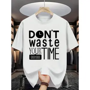 Motivational Quote T-Shirt, "Don't Waste Your Time" with Clock Icons, Oversized White Tee for Everyday Wear