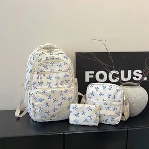 3pcs Nylon Bow Print Backpack Set, Foldable Multi-Pocket Large Capacity Water-Resistant Zipper Backpack Suitable For High School, College Students, Ladies, Daily Use,