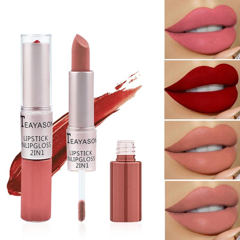 2 in 1 Velvet Matte Lipstick & Lip Gloss SetDouble Head Design Finish Non-Stick Cup NotFade Nude Color Lipgloss Stain Makeup LongLasting Waterproof Gloss