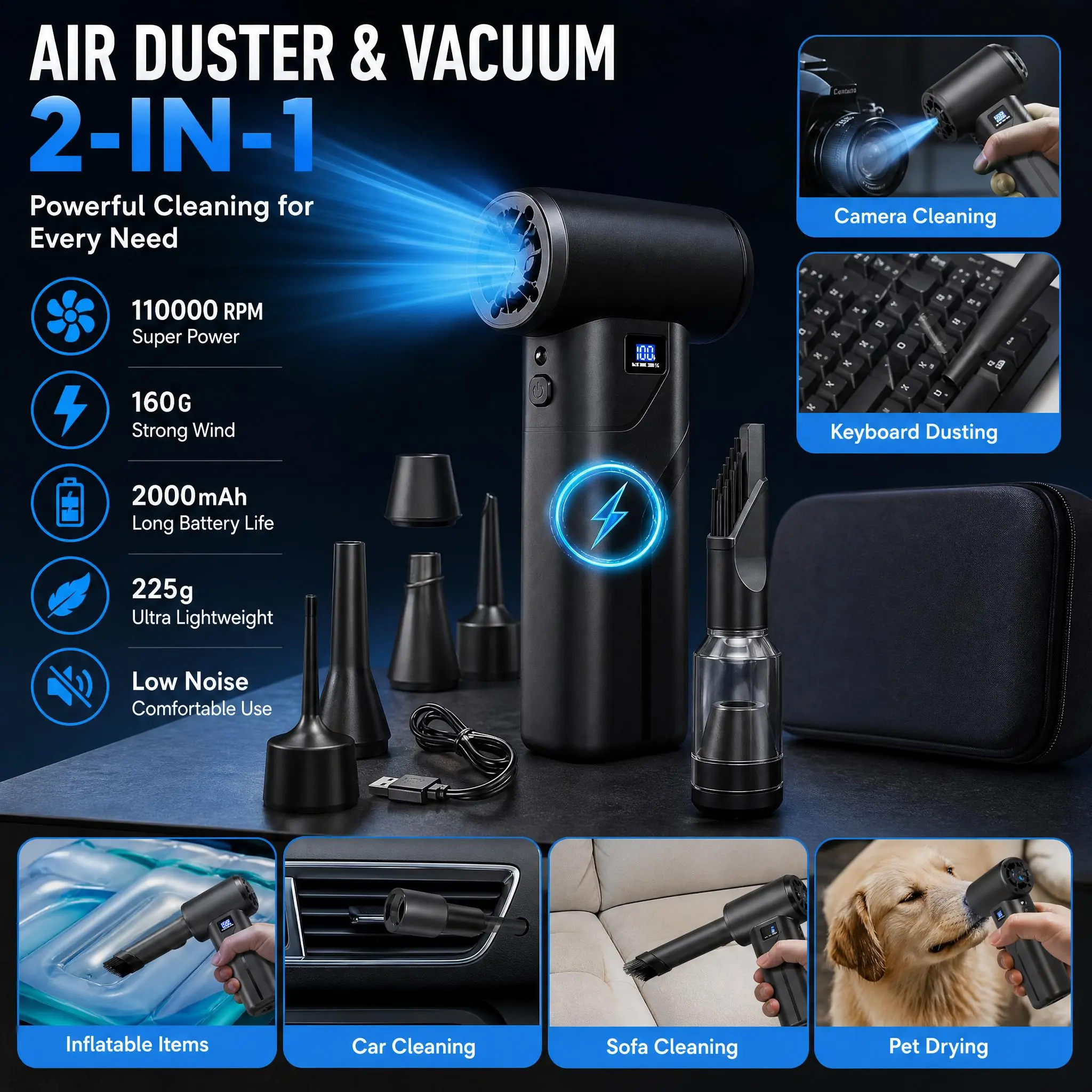 Cordless Electric Air Duster with Brushless Motor, 150000 RPM, 4 Speed Settings, LED Display & Light, Reusable Turbo Blower for Computer, Keyboard & Home Electronics Cleaning (Party Gift Option) christmas surprise funny graduation