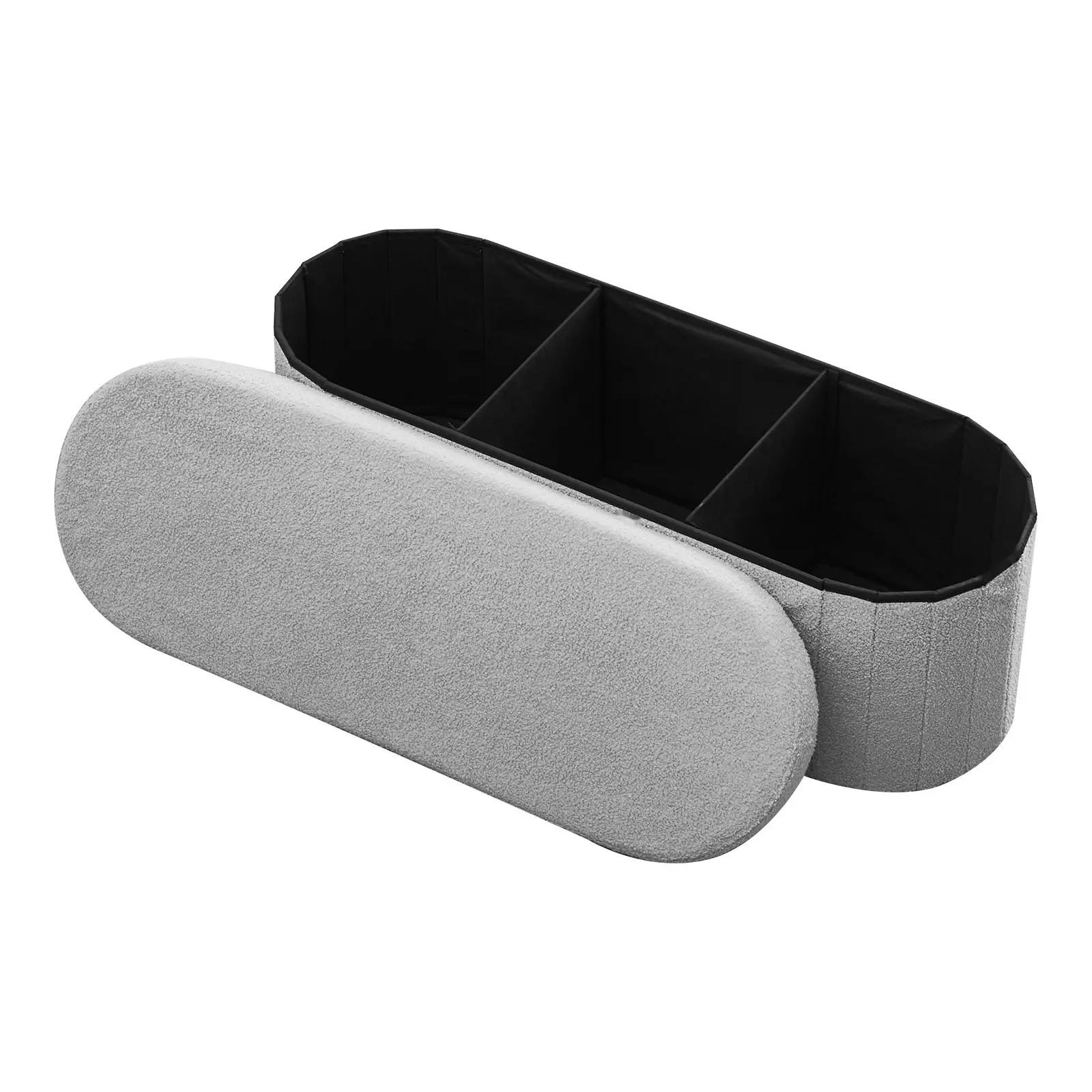 Oval Storage Ottoman Bench With Foldable Teddy Fleece End Of Bed Bench, Upholstered Folding Ottoman Chest With Large Hidden Storage Space, 660 Lb Weight Capacity, Suitable For Living Room, Bedroom, And Entryway, Grey