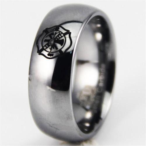 Silver Tungsten Firefighter's Black Logo Ring