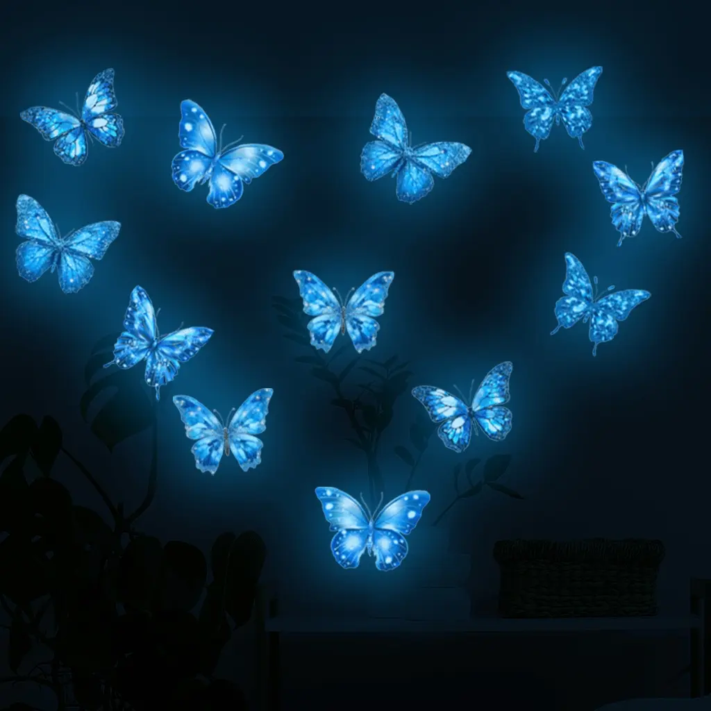1 Set of luminous gradient blue butterfly glitter decorative stickers, waterproof and detachable PVC material stickers, suitable for bathroom, balcony, foyer, home decoration, office decoration, bedroom decoration