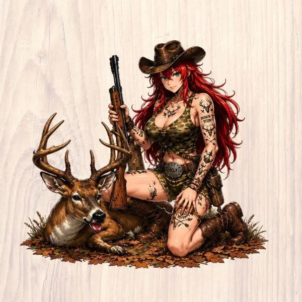Rias Gremory Deer Hunting Sticker, Anime Hunter Waifu Vinyl Decal, Camo Hunting Girl with Buck, Waterproof Car Laptop Tumbler Sticker, Gift for Deer Hunters