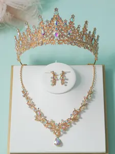 4 pieces of fashionable bridal accessories for women, colorful rhinestones, grand crowns, sparkling necklaces, earrings, wedding jewelry sets, matching jewelry set, wedding dresses, and accessories are also suitable for weddings, parties, and gatherings