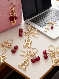 Women's Cherry Bow Keychain with Letter Pendant, Casual Style Accessory for Wallets, Backpacks and Keys