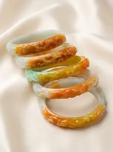 Natural Honey Jade Bangle - Petite Wrist Collection, Artisan-Crafted 2-Tone Relief Jade Bracelet