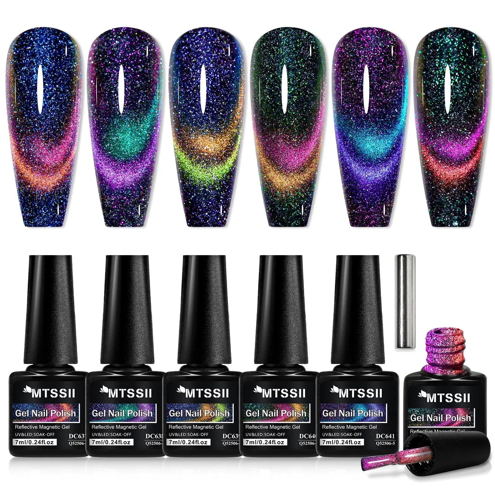Aurora Reflective Cat Eye Gel Nail Polish Set, 6pcs Glitter Shimmer Gel Reflective Magnetic Nail Gel with 1pc Stick, Semi Permanent Uv Gel Diy Nail Art for Manicure, Nail Care, Color Gel Polish Holographic Gel Nail Polish